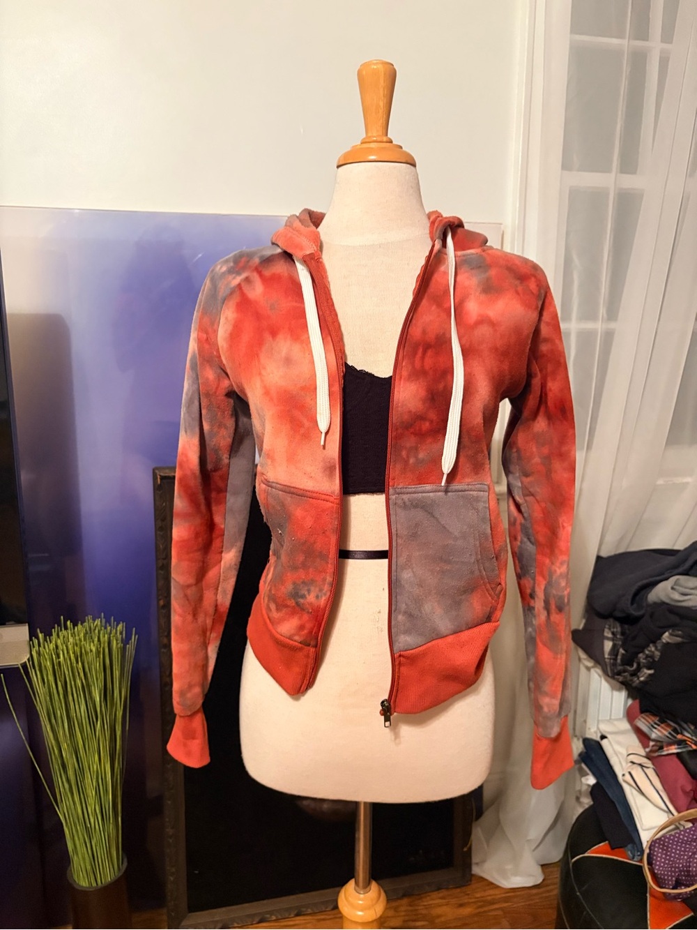 Tie-Dye Red & Gray Zip Hoodie with Drawstring